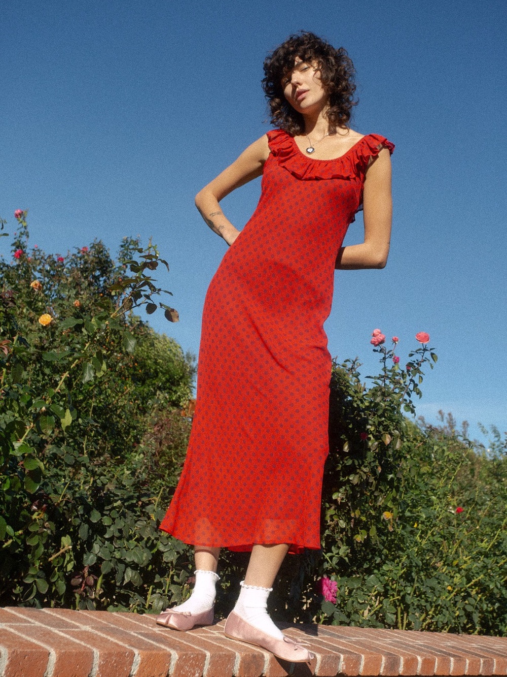 Lisa Says Gah Dahlia Red Ruffle-Trim Midi Dress